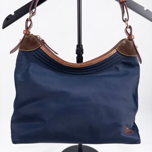 VTG Dooney & Bourke Nylon Erica Hobo Shoulder Bag Navy Blue Brown Leather Trim